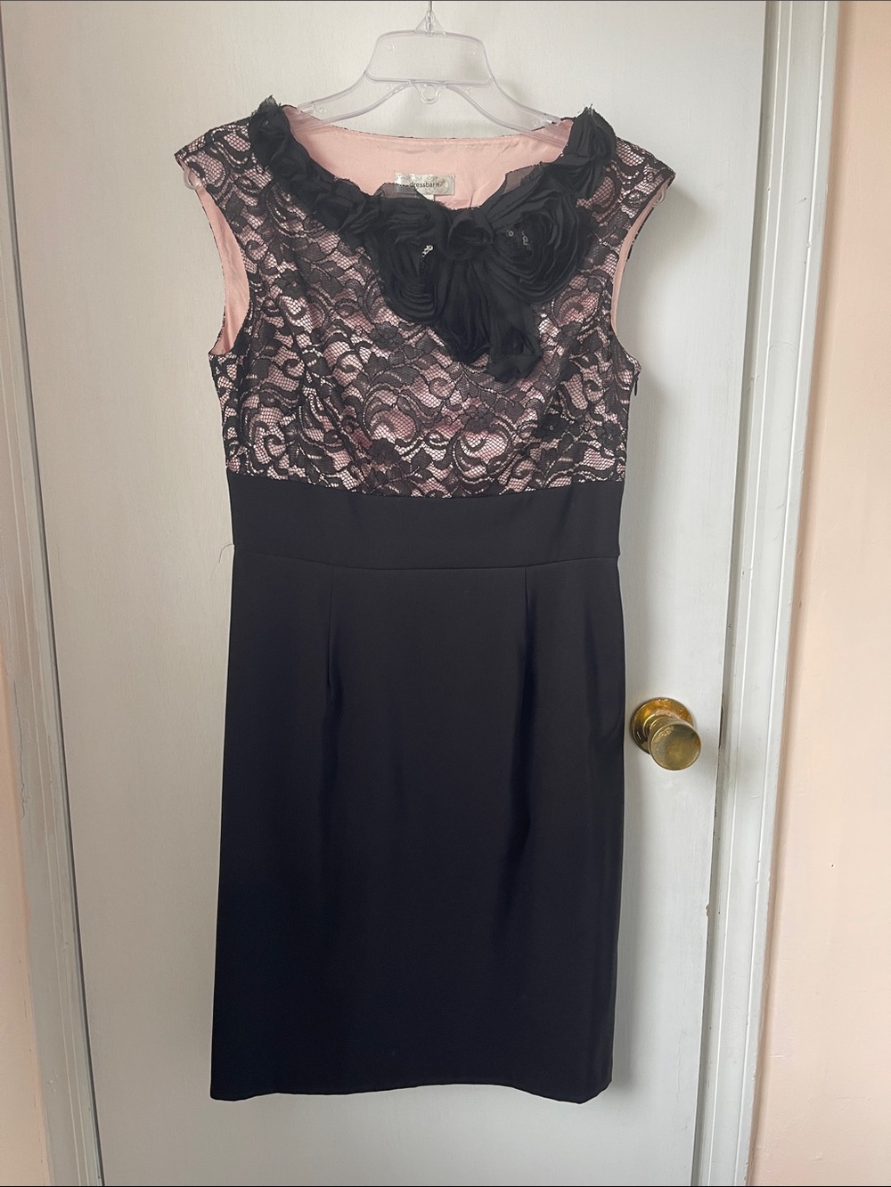 DRESS BARN Black & Pink Lace Sheath Dress with Floral Neck Detail Size 10